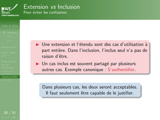 UML & DCU
M. Sassolas
M3105
Cours 1
Administratif
OMG ! UML,
WTF ?
Diagrammes
de cas
d’utilisation
Acteurs et cas
d’utilisation
Structurer les DCU
Un exemple
30 / 51
Extension vs Inclusion
Pour éviter les confusions
I Une extension et l’étendu sont des cas d’utilisation à
part entière. Dans l’inclusion, l’inclus seul n’a pas de
raison d’être.
I Un cas inclus est souvent partagé par plusieurs
autres cas. Exemple canonique : S’authentifier.
Dans plusieurs cas, les deux seront acceptables.
Il faut seulement être capable de le justifier.
 