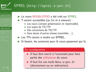 UML & DCU
M. Sassolas
M3105
Cours 1
Administratif
OMG ! UML,
WTF ?
Diagrammes
de cas
d’utilisation
5 / 51
EPREL (http://eprel.u-pec.fr)
I Le cours M3105-CPOO a été créé sur EPREL.
I Y seront accessibles (au fur et à mesure) :
• Les cours (version présentation et imprimable).
• Les sujets de TD/TP.
• Des corrections de TD/TP.
• Sans doute d’autres choses (contrôles. . .).
I Les TPs seront à rendre sur EPREL.
I Si besoin, les annonces pour le cours passeront par là.
En conséquence
I Il faut être inscrit à l’université pour faire
partie des utilisateurs du cours.
I Il faut lire vos mails @etu.u-pec.fr
(directement ou en redirection).
 