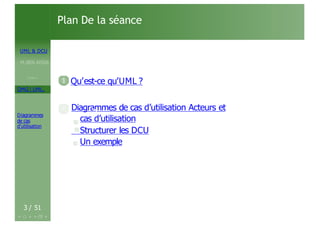 UML & DCU
M.BEN AISSA
Cours 1
OMG ! UML,
Diagrammes
de cas
d’utilisation
Plan De la séance
1 Qu’est-ce qu’UML ?
Diagrammes de cas d’utilisation Acteurs et
cas d’utilisation
Structurer les DCU
Un exemple
3 / 51
2
 