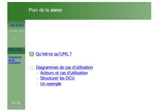 UML & DCU
M.BEN AISSA
Cours 1
OMG ! UML,
Diagrammes
de cas
d’utilisation
Plan de la séance
1 Qu’est-ce qu’UML ?
2 Diagrammes de cas d’utilisation
Acteurs et cas d’utilisation
Structurer les DCU
Un exemple
4 / 51
 