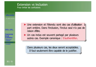 UML & DCU
M.BEN AISSA
Cours 1
OMG ! UML,
Diagrammes
de cas
d’utilisation
Acteurs et cas
d’utilisation
Structurer les DCU
Un exemple
Extension vs Inclusion
Pour éviter les confusions
► Une extension et l’étendu sont des cas d’utilisation à
part entière. Dans l’inclusion, l’inclus seul n’a pas de
raison d’être.
► Un cas inclus est souvent partagé par plusieurs
autres cas. Exemple canonique : S’authentifier.
Dans plusieurs cas, les deux seront acceptables.
Il faut seulement être capable de le justifier.
30 / 51
 