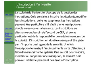 UML & DCU
M.BEN AISSA
Cours 1
OMG ! UML,
Diagrammes
de cas
d’utilisation
Acteurs et cas
d’utilisation
Structurer les DCU
Un exemple
L’inscription à l’université
L’énoncé textuel
33 / 51
La scolaritéde l’université s’occupe de la gestion des
inscriptions. Cela consiste à inscrire les étudiants, modifier
leurs inscriptions, voire les supprimer. Les inscriptions
peuvent être particulière s’il s’agit d’une inscription en
double cursus ou en alternance. Les inscriptions en
alternance ont besoin del’accord du CFA, et cecas
particulier est dela responsabilité decertains membres de
la scolarité. L’inscription en double cursus peut être gérée
par n’importe quel agent de la scolarité. Une fois
l’inscription terminée,il faut imprimer la carte d’étudiant,à
l’aided’uneimprimante spéciale. Que ce soit pour inscrire,
modifier ou supprimer une inscription, la scolarité doit
pouvoir vérifier le paiement des droits d’inscription.
 