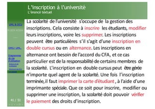 UML & DCU
M.BEN AISSA
Cours 1
OMG ! UML,
Diagrammes
de cas
d’utilisation
Acteurs et cas
d’utilisation
Structurer les DCU
Un exemple
L’inscription à l’université
L’énoncé textuel
41 / 51
La scolarité del’université s’occupe de la gestion des
inscriptions. Cela consiste à inscrire les étudiants, modifier
leurs inscriptions, voire les supprimer. Les inscriptions
peuvent être particulières s’il s’agit d’une inscription en
double cursus ou en alternance. Les inscriptions en
alternance ont besoin del’accord du CFA, et cecas
particulier est dela responsabilitédecertains membres de
la scolarité. L’inscription en double cursus peut êtregérée
n'importe quel agent de la scolarité. Une fois l’inscription
terminée,il faut imprimer la carte d’étudiant, à l’aide d’une
imprimante spéciale. Que ce soit pour inscrire, modifier ou
supprimer une inscription, la scolarité doit pouvoir vérifier
le paiement des droits d’inscription.
 