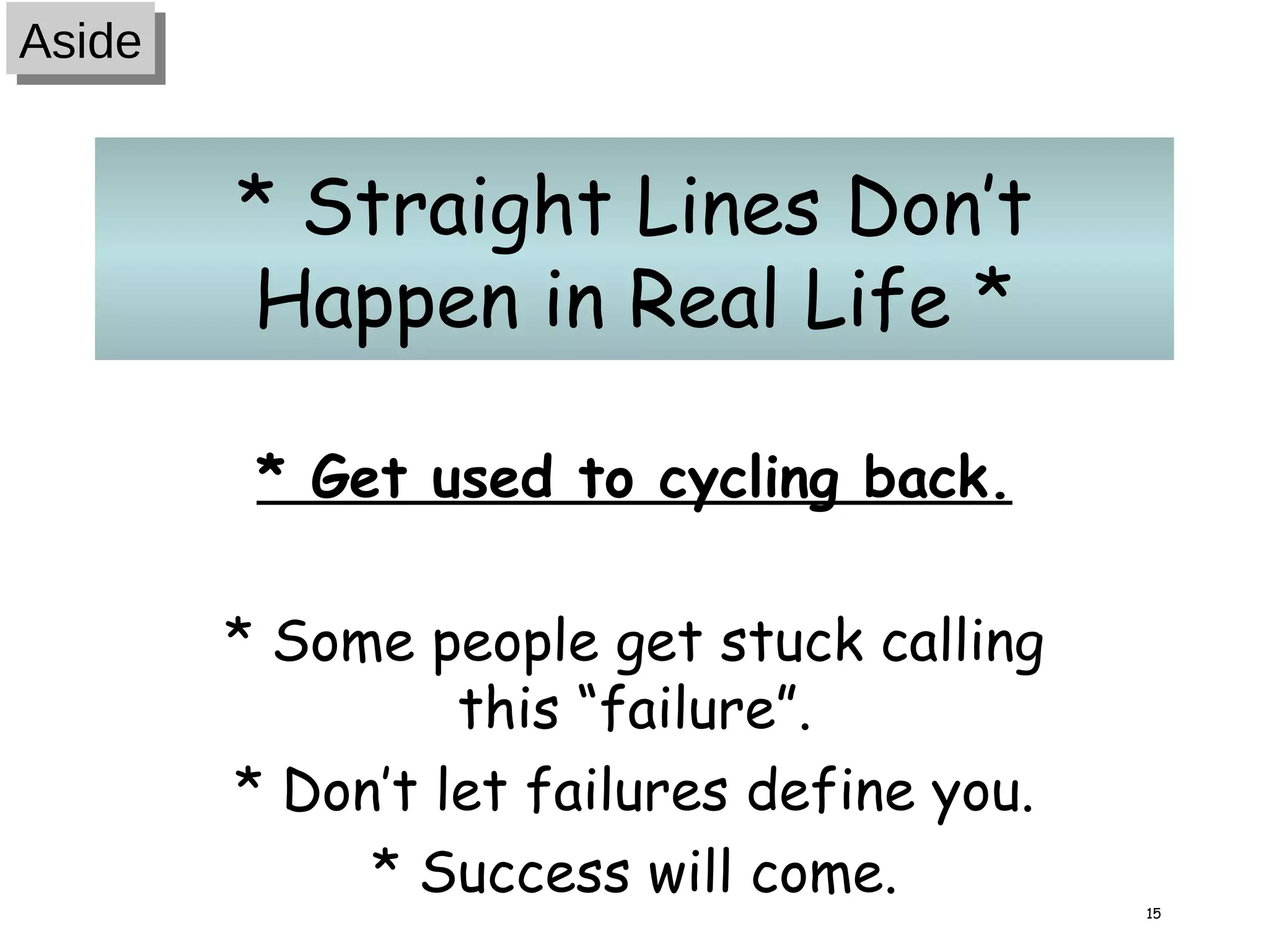 * Straight Lines Don’t Happen in Real Life * * Get used to cycling back. * Some people get stuck calling this “failure”. * Don’t let failures define you. * Success will come. Aside 