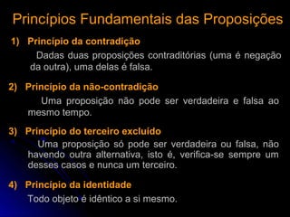 Princípios Fundamentais das ProposiçõesPrincípios Fundamentais das Proposições
3) Princípio do terceiro excluído
Uma proposição só pode ser verdadeira ou falsa, não
havendo outra alternativa, isto é, verifica-se sempre um
desses casos e nunca um terceiro.
2) Princípio da não-contradição
Uma proposição não pode ser verdadeira e falsa ao
mesmo tempo.
4) Princípio da identidade
Todo objeto é idêntico a si mesmo.
1) Princípio da contradição
Dadas duas proposições contraditórias (uma é negação
da outra), uma delas é falsa.
 