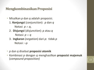 MengkombinasikanProposisi
• Misalkan p dan q adalah proposisi.
1. Konjungsi (conjunction): p dan q
Notasi p  q,
2. Disjungsi (disjunction): p atau q
Notasi: p  q
3. Ingkaran (negation) dari p: tidak p
Notasi: p
• p dan q disebut proposisi atomik
• Kombinasi p dengan q menghasilkan proposisi majemuk
(compound proposition) 13
 