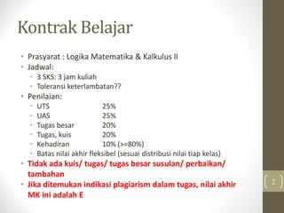 Kontrak Belajar
• Prasyarat : Logika Matematika & Kalkulus II
• Jadwal:
• 3 SKS: 3 jam kuliah
• Toleransi keterlambatan??
• Penilaian:
• UTS 25%
• UAS 25%
• Tugas besar 20%
• Tugas, kuis 20%
• Kehadiran 10% (>=80%)
• Batas nilai akhir fleksibel (sesuai distribusi nilai tiap kelas)
• Tidak ada kuis/ tugas/ tugas besar susulan/ perbaikan/
tambahan
• Jika ditemukan indikasi plagiarism dalam tugas, nilai akhir
MK ini adalah E
2
 