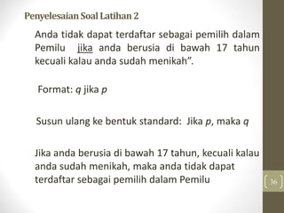 PenyelesaianSoalLatihan2
Anda tidak dapat terdaftar sebagai pemilih dalam
Pemilu jika anda berusia di bawah 17 tahun
kecuali kalau anda sudah menikah”.
Format: q jika p
Susun ulang ke bentuk standard: Jika p, maka q
Jika anda berusia di bawah 17 tahun, kecuali kalau
anda sudah menikah, maka anda tidak dapat
terdaftar sebagai pemilih dalam Pemilu 36
 