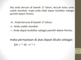 Jika anda berusia di bawah 17 tahun, kecuali kalau anda
sudah menikah, maka anda tidak dapat terdaftar sebagai
pemilih dalam Pemilu
m : Anda berusia di bawah 17 tahun.
n : Anda sudah menikah.
r : Anda dapat terdaftar sebagai pemilih dalam Pemilu.
maka pernyataan di atas dapat ditulis sebagai:
(m  ~ n)  ~ r
37
 