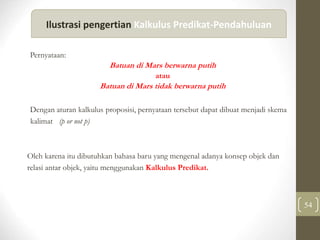 54
Pernyataan:
Batuan di Mars berwarna putih
atau
Batuan di Mars tidak berwarna putih
Dengan aturan kalkulus proposisi, pernyataan tersebut dapat dibuat menjadi skema
kalimat (p or not p)
Oleh karena itu dibutuhkan bahasa baru yang mengenal adanya konsep objek dan
relasi antar objek, yaitu menggunakan Kalkulus Predikat.
Ilustrasi pengertian Kalkulus Predikat-Pendahuluan
 
