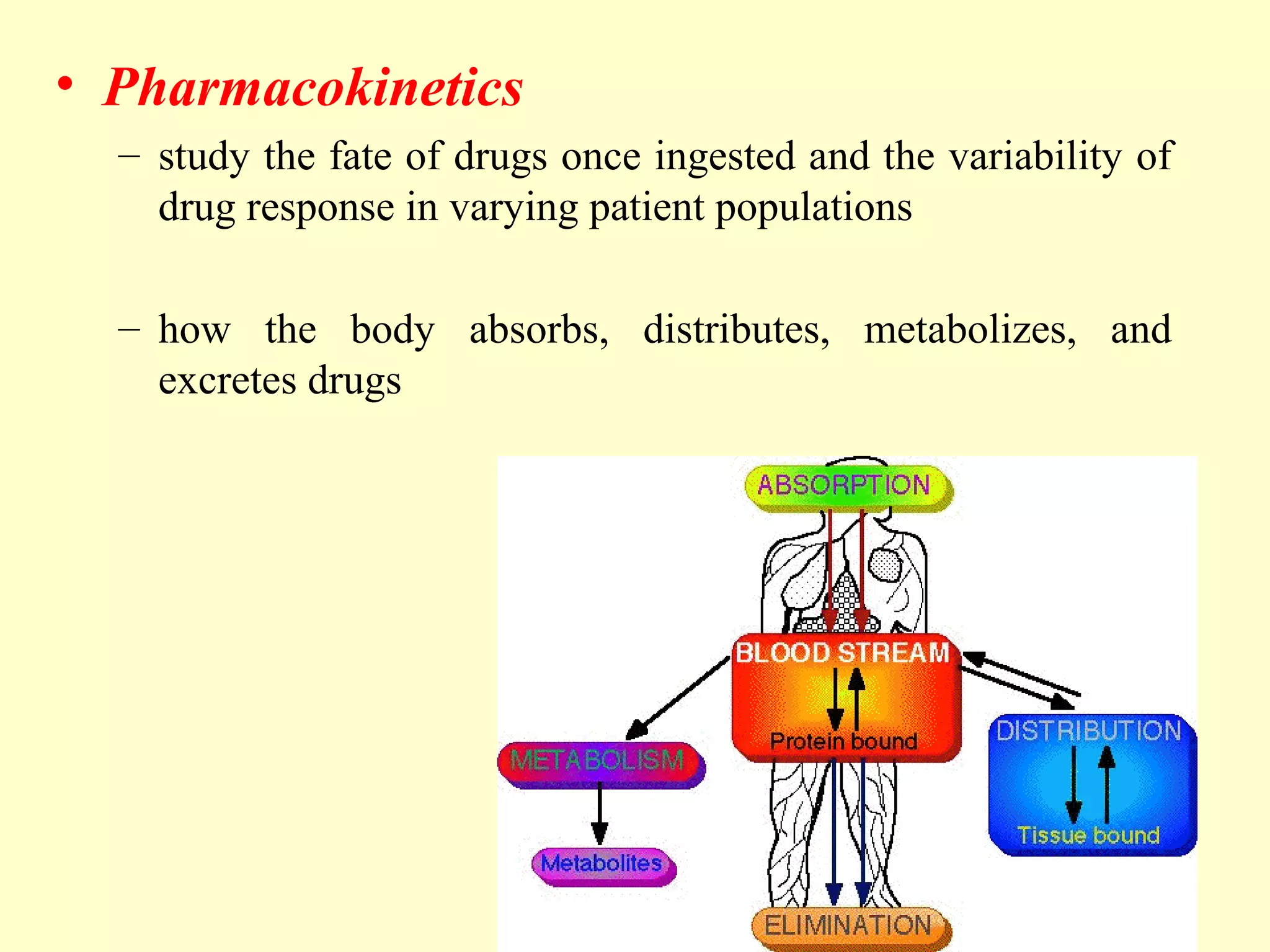 • Pharmacokinetics
– study the fate of drugs once ingested and the variability of
drug response in varying patient populations
– how the body absorbs, distributes, metabolizes, and
excretes drugs
 