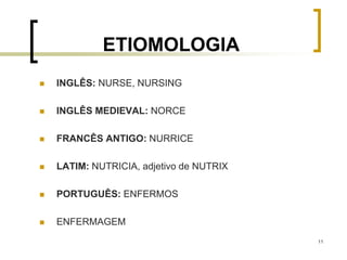 11
ETIOMOLOGIA
 INGLÊS: NURSE, NURSING
 INGLÊS MEDIEVAL: NORCE
 FRANCÊS ANTIGO: NURRICE
 LATIM: NUTRICIA, adjetivo de NUTRIX
 PORTUGUÊS: ENFERMOS
 ENFERMAGEM
 
