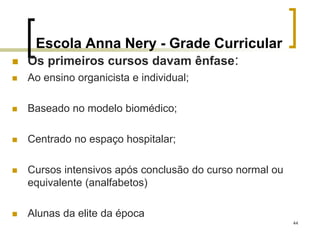 44
Escola Anna Nery - Grade Curricular
 Os primeiros cursos davam ênfase:
 Ao ensino organicista e individual;
 Baseado no modelo biomédico;
 Centrado no espaço hospitalar;
 Cursos intensivos após conclusão do curso normal ou
equivalente (analfabetos)
 Alunas da elite da época
 