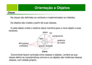Orientação a Objetos
Classe
Na classe são definidas as variáveis e implementados os métodos.
Os objetos são criados a partir de suas classes.
A cada objeto criado o sistema aloca memória para o novo objeto e suas
variáveis.
ligar
cor
Carro
combustível
potência
do motor
brecar acelerar
API pública
(métodos)
placa
Comumente fazem confusão entre classes e objetos. Lembre-se que
classe define as características comuns e os objetos são instâncias dessas
classes, com estado próprio.
 