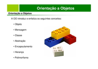 Orientação a Objetos
Orientação a Objetos
A OO introduz e enfatiza os seguintes conceitos:
• Objeto
• Mensagem
• Classe
• Abstração
• Encapsulamento
• Herança
• Polimorfismo
 