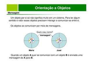 Orientação a Objetos
Mensagem
Um objeto por si só não significa muito em um sistema. Para ter algum
sentido e valor esses objetos precisam interagir e comunicar-se entre si.
Os objetos se comunicam por meio de mensagens.
Maria José
mensagem
Qual o seu nome?
Quando um objeto A quer se comunicar com um objeto B é enviada uma
mensagem de A para B.
 