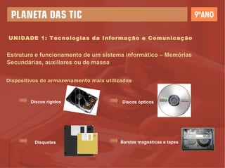 UNIDADE 1: Tecnologias da Informação e Comunicação Estrutura e funcionamento de um sistema informático – Memórias Secundárias, auxiliares ou de massa Dispositivos de armazenamento mais utilizados Discos rígidos Disquetes Discos ópticos Bandas magnéticas e   tapes 