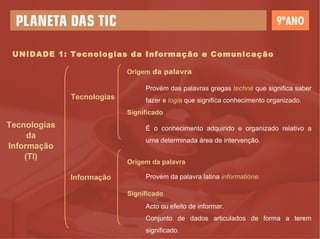 UNIDADE 1: Tecnologias da Informação e Comunicação Tecnologias da Informação (TI) Tecnologias Informação Origem  da palavra Provém das palavras gregas  techné  que significa saber fazer e  logia  que significa conhecimento organizado. Significado É o conhecimento adquirido e organizado relativo a uma determinada área de intervenção. Origem da   palavra Provém da palavra latina  informatióne. Significado Acto ou efeito de informar. Conjunto de dados articulados de forma a terem significado. 