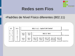 Redes sem Fios
Padrões de Nível Físico diferentes (802.11)
●
 