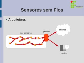 Sensores sem Fios
●   Arquitetura:

                                     Internet
                           gateway
            nós sensores




                                       usuário
 