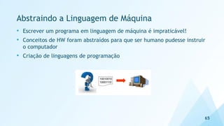 Abstraindo a Linguagem de Máquina
• Escrever um programa em linguagem de máquina é impraticável!
• Conceitos de HW foram abstraídos para que ser humano pudesse instruir
o computador
• Criação de linguagens de programação
65
 