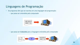 Linguagens de Programação
• Os programas têm que ser escritos em uma linguagem de programação:
— que possa ser entendida pelo computador
— que possa ser traduzida para a linguagem entendida pelo computador
66
 