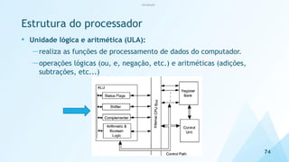 Estrutura do processador
• Unidade lógica e aritmética (ULA):
—realiza as funções de processamento de dados do computador.
—operações lógicas (ou, e, negação, etc.) e aritméticas (adições,
subtrações, etc...)
74
Introdução
 