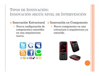 TIPOS DE INNOVACIÓN:
INNOVACIÓN SEGÚN NIVEL DE INTERVENCIÓN

 Innovación Estructural     Innovación en Componente
   Nueva configuración de     Nuevo componente en una
   componentes conocidos      estructura ó arquitectura ya
   en una arquitectura        conocida.
   nueva.
 
