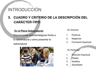 INTRODUCCIÓN
5. CUADRO Y CRITERIO DE LA DESCRIPCIÓN DEL
   CARÁCTER-TIPO

                                              En General:
   En el Plano Sobrenatural:
  Disposiciones caracteriológicas frente a   1.   Positivas

  lo sobrenatural y cómo presentar lo        2.   Negativas
                                             3.   Formación Espiritual
  sobrenatural

                                              En Particular:

                                             1.   Dirección Espiritual
                                             2.   Piedad
                                             3.   Ascética
                                             4.   Apostolado
 