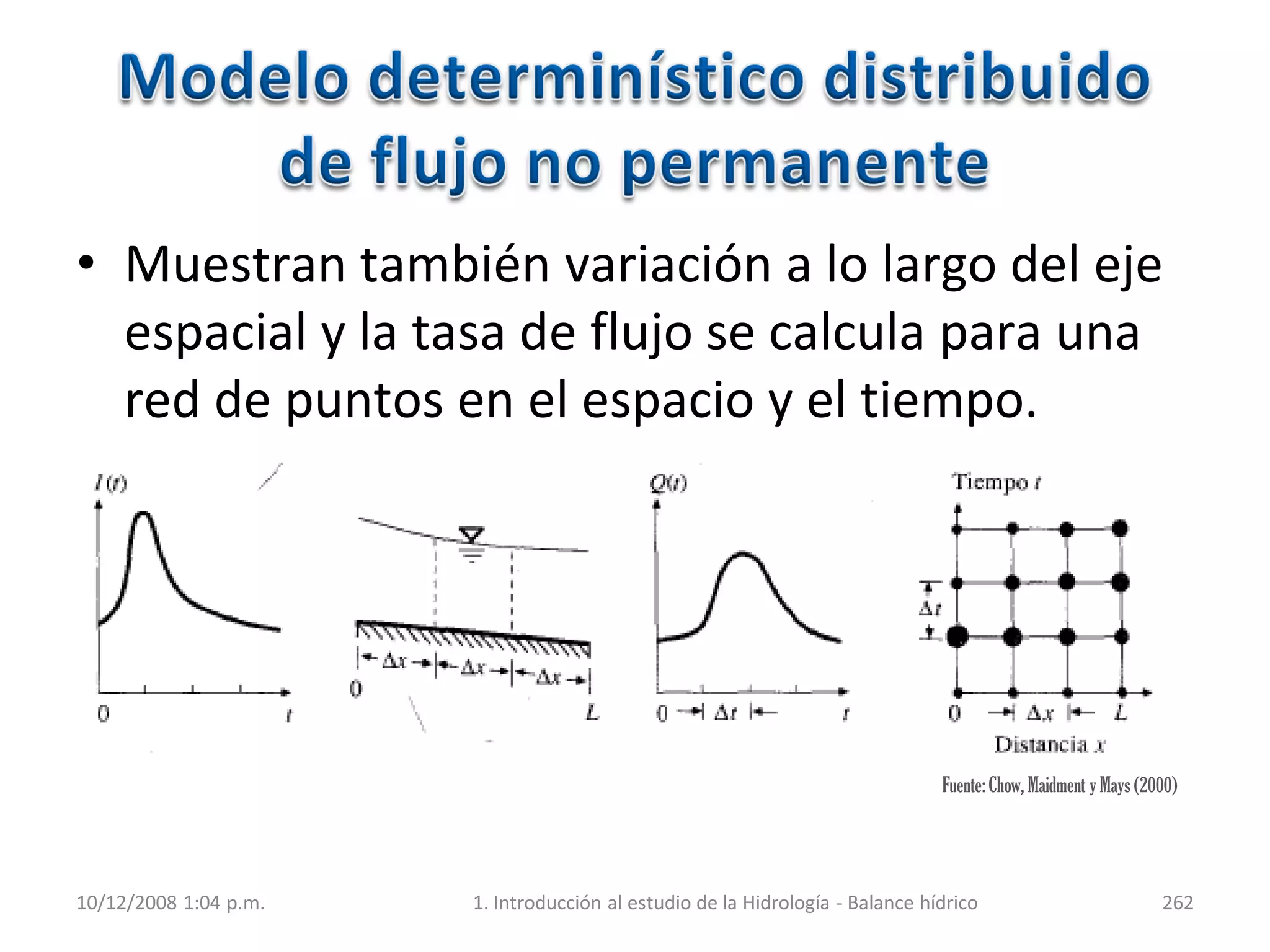 Fuente:Chow, Maidment y Mays(2000)
• Muestran también variación a lo largo del eje
espacial y la tasa de flujo se calcula para una
red de puntos en el espacio y el tiempo.
10/12/2008 1:04 p.m. 1. Introducción al estudio de la Hidrología - Balance hídrico 262
 