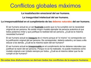 Conflictos globales máximos La insatisfacción emocional del ser humano. La inseguridad intelectual del ser humano. La irresponsabilidad en el cumplimiento de los  deberes naturales  del ser humano. El ser humano actual es un ser  frustrado  puesto que no ha cumplido con la necesidad original de ser persona. No existe ningún modelo ejemplar de persona autentica al que todos podamos imitar y que justifique la realidad del ser persona. ¿Cuál es la máxima necesidad humana? El ser humano actual es  inseguro  de sí mismo porque el “sí mismo” no corresponde con la justificación original del ser persona. De corresponder, debería saberla y en base a ella educar a los demás. ¿Cuál es la máxima razón del ser humano? El ser humano actual es  irresponsable  en el cumplimiento de los deberes naturales que justifican la razón del ser persona. Porque no se ha realizado, no puede mostrarse como modelo original a ser imitado siempre por todos. ¿Cuál es el máximo deber que ha de cumplir el ser humano? De estas tres disfunciones se derivan todos los conflictos de la especie humana. 