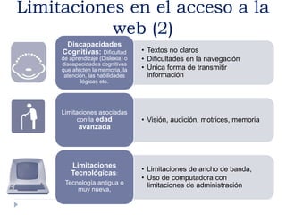 Limitaciones en el acceso a la
web (2)
• Textos no claros
• Dificultades en la navegación
• Única forma de transmitir
información
Discapacidades
Cognitivas: Dificultad
de aprendizaje (Dislexia) o
discapacidades cognitivas
que afecten la memoria, la
atención, las habilidades
lógicas etc.
• Visión, audición, motrices, memoria
Limitaciones asociadas
con la edad
avanzada
• Limitaciones de ancho de banda,
• Uso de computadora con
limitaciones de administración
Limitaciones
Tecnológicas:
Tecnología antigua o
muy nueva,
 