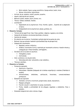 INTRODUCCIÓN AL ARTE      12
                                                                     HISTORIA DEL ARTE 2º BACHILLERATO


                  Bulto redondo, figura o grupo escultórico. Cuerpo entero, busto, torso.
                  Relieve: altorrelieve, bajorrelieve.
      o   Actitud: de pie, sedente, orante, yacente, ecuestre…
      o   Asunto: descripción de la escena.
      o   Material: piedra, madera, barro, bronce, oro…
      o   Técnica: tallado, modelado, fundido…
      o   Localización:
                  Dependiente de la arquitectura: friso, frontón, capitel…. Cuestión de la adaptación
                  al marco.
                  Independiente de la arquitectura: plazas, jardines, etc.
2. Elementos formales:
      o   Textura de las superficies: lisas, finas y pulidas; o ásperas, rugosas y con aristas.
      o   Sensación de blandura o de dureza (morbidez y tersura).
      o   Sentido del volumen.
      o   En relación con el exterior: frontalidad, multiplicidad de los puntos de vista.
      o   Relieves: hay que estudiar también la profundidad (tipo de perspectiva).
      o   Composición y movimiento:
                  Reposado, sereno o hiératico.
                  Dinámico: movimiento ficticio, mostrado por movimiento externo o tensión interna y
                  conseguido por ritmos formales, contrapposto…
      o   Incidencia de la luz sobre la escultura.
                  Homogénea y suave.
                  Contrastada.
      o   Color, existencia o no de policromía.
                  Naturaleza del color: naturalista o real, simbólico…
      o   Técnicas: estofado…
3. Elementos no formales:
      o   Formas de expresión:
                  Abstracto o figurativo.
                  Naturalismo: idealismo (búsqueda de la belleza arquetípica) o realismo (fidelidad al
                  modelo).
                  Antinaturalismo,      simbolismo,      estilización,   hieratismo,   convencionalismos
                  jerárquicos…
      o   Elementos de expresión:
                  Anatomía: correcta o incorrecta, proporciones, escala, musculatura…
                  Ropajes y pliegues.
                  Función: encubrir o manifestar el cuerpo, movimiento…
                  Forma, tamaño y profundidad de los pliegues, angulosos u ondulantes, finos o
                  pesados….
      o   Dimensión temporal de la obra: eterna o fugaz.




JOSE ANGEL MARTINEZ ©
 
