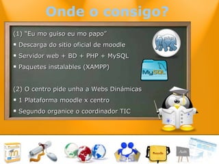 Onde o consigo?  (1) “Eu mo guiso eu mo papo” Descarga do sitio oficial de moodle Servidor web + BD + PHP + MySQL Paquetes instalables (XAMPP) (2) O centro pide unha a Webs Dinámicas 1 Plataforma moodle x centro Segundo organice o coordinador TIC 