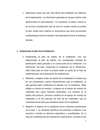 Seleccionar aquel que sea más eficaz para satisfacer los objetivos

         de la organización. La información generada en el paso anterior será

         determinante en esta selección. En ocasiones, el costo a veces no

         es la única consideración que se toma en cuenta cuando se evalúa

         el plan; existe otros criterios no económicos que sería conveniente

         analizarlospara tomar la decisión más adecuada al hacer la selección

         del plan.




6. Implementar el plan de la instalación.

         Implementar el plan de diseño de la instalación. Una vez
         seleccionado el plan de diseño, una considerable cantidad de
         planificación debe preceder a la construcción de la instalación o la
         distribución del área. Supervisar la instalación de la distribución,
         estar listos para la iniciar la prueba piloto, es parte de la fase de
         implementación de la planeación de instalaciones.

         Mantener y adaptar el plan de diseño de la instalación.A medida que
         se van presentando nuevos requerimientos para la instalación, el
         plan general debe modificarse en relación con la instalación. Debe
         reflejar en ahorro de energía, o mejoras en el equipo de manejo de
         materiales que vayan haciendo disponibles. Los cambios en el
         diseño del producto, provocan cambios en el equipo de manejo de
         materiales o en los patrones de flujo de los materiales; que en
         consecuencia se tiene que actualizar el plan de la instalación.

         Redefinir el objetivo de la instalación.Como indicamos previamente
         en el paso 1, es necesario identificar los productos a elaborar o los
         servicios a brindar en términos específicos y cuantificables. En el
         caso de modificaciones de importancia, expansiones, cambios en las

                                                                            5
 