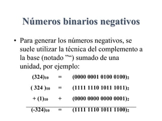 Números binarios negativos
• Para generar los números negativos, se
suele utilizar la técnica del complemento a
la base (notado ”“) sumado de una
unidad, por ejemplo:
(324)10 = (0000 0001 0100 0100)2
( 324 )10 = (1111 1110 1011 1011)2
+ (1)10 + (0000 0000 0000 0001)2
(-324)10 = (1111 1110 1011 1100)2
 