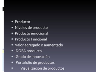 Producto  Niveles de producto Producto emocional  Producto Funcional Valor agregado o aumentado DOFA producto Grado de innovación Portafolio de productos Visualización de productos 