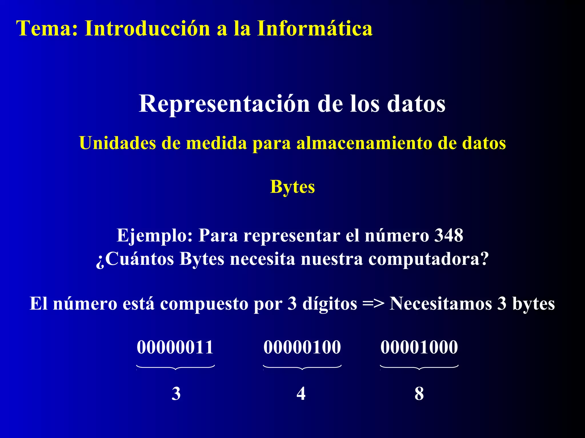 Bytes
Representación de los datos
Ejemplo: Para representar el número 348
¿Cuántos Bytes necesita nuestra computadora?
Unidades de medida para almacenamiento de datos
El número está compuesto por 3 dígitos => Necesitamos 3 bytes
00000011
3
00000100
4
00001000
8
Tema: Introducción a la Informática
 