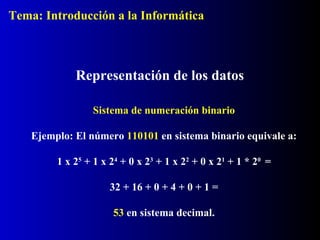 Sistema de numeración binario
Ejemplo: El número 110101 en sistema binario equivale a:
1 x 25
+ 1 x 24
+ 0 x 23
+ 1 x 22
+ 0 x 21
+ 1 * 20
=
32 + 16 + 0 + 4 + 0 + 1 =
53 en sistema decimal.
Representación de los datos
Tema: Introducción a la Informática
 
