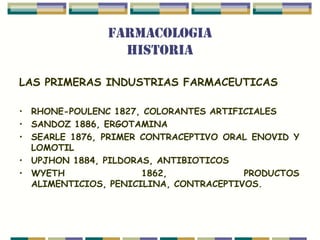FARMACOLOGIA
                 HISTORIA

LAS PRIMERAS INDUSTRIAS FARMACEUTICAS

• RHONE-POULENC 1827, COLORANTES ARTIFICIALES
• SANDOZ 1886, ERGOTAMINA
• SEARLE 1876, PRIMER CONTRACEPTIVO ORAL ENOVID Y
  LOMOTIL
• UPJHON 1884, PILDORAS, ANTIBIOTICOS
• WYETH               1862,             PRODUCTOS
  ALIMENTICIOS, PENICILINA, CONTRACEPTIVOS.
 