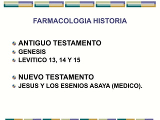 FARMACOLOGIA HISTORIA


ANTIGUO TESTAMENTO
GENESIS
LEVITICO 13, 14 Y 15

NUEVO TESTAMENTO
JESUS Y LOS ESENIOS ASAYA (MEDICO).
 
