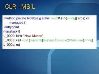 CLR - MSIL
.method private hidebysig static void Main(string[] args) cil
    managed {
.entrypoint
maxstack 8
L_0000: ldstr "Hola Mundo"
L_0005: call void [mscorlib]System.Console::WriteLine(string)
L_000a: ret
}
 