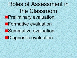 Roles of Assessment in the Classroom Preliminary evaluation Formative evaluation Summative evaluation Diagnostic evaluation 