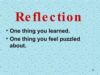 Reflection One thing you learned. One thing you feel puzzled about. 