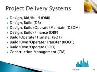    Design/Bid/Build (DBB)
   Design/Build (DB)
   Design/Build/Operate/Maintain (DBOM)
   Design/Build/Finance (DBF)
   Build/Operate/Transfer (BOT)
   Build/Own/Operate/Transfer (BOOT)
   Build/Own/Operate (BOO)
   Construction Management (CM)



                                    4/9/2013   18
 