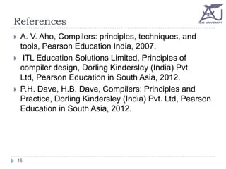 References





A. V. Aho, Compilers: principles, techniques, and
tools, Pearson Education India, 2007.
ITL Education Solutions Limited, Principles of
compiler design, Dorling Kindersley (India) Pvt.
Ltd, Pearson Education in South Asia, 2012.
P.H. Dave, H.B. Dave, Compilers: Principles and
Practice, Dorling Kindersley (India) Pvt. Ltd, Pearson
Education in South Asia, 2012.

15

 