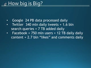 • Google 24 PB data processed daily
• Twitter 340 mln daily tweets + 1.6 bln
search queries + 7 TB added daily
• Facebook + 750 mln users + 12 TB daily daily
content + 2.7 bln “likes” and comments daily
 