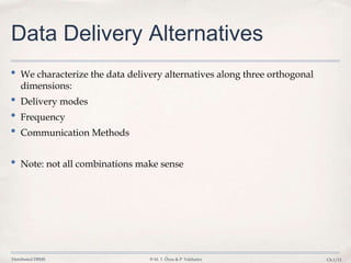 Distributed DBMS © M. T. Özsu & P. Valduriez Ch.1/11
Data Delivery Alternatives
• We characterize the data delivery alternatives along three orthogonal
dimensions:
• Delivery modes
• Frequency
• Communication Methods
• Note: not all combinations make sense
 