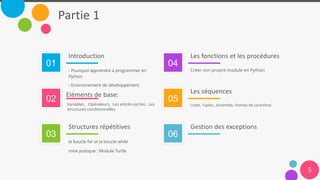 01
02
03
04
05
06
Partie 1
- Pourquoi apprendre à programmer en
Python
- Environnement de développement
Introduction
Variables , Opérateurs, Les entrés-sorties , Les
structures conditionnelles
Eléments de base:
la boucle for et la boucle while
mise pratique : Module Turtle
Structures répétitives
Créer son propre module en Python
Les fonctions et les procédures
Listes, Tuples, ,ensemble, chaines de caractères
Les séquences
Gestion des exceptions
5
 