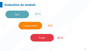 8
Evaluation du module
Travaux remis
Projet
Quiz 20 %
20%
60 %
 